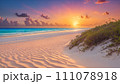 Pink sunset over sand dunes and sea 111078918