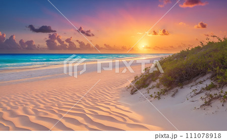Pink sunset over sand dunes and sea Pink sunset over sand dunes and sea 111078918