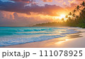 Ocean sunset: tranquil shore with palm trees 111078925