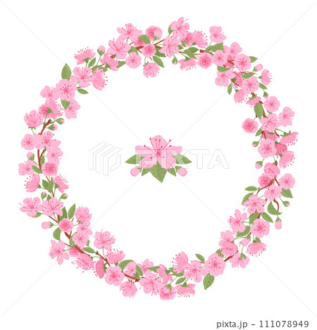 Cherry pink flowers frame. Sakura blossom branch round wreath, Japanese blooming sakura tree frame flat vector illustration. Spring cherry blossom border 111078949