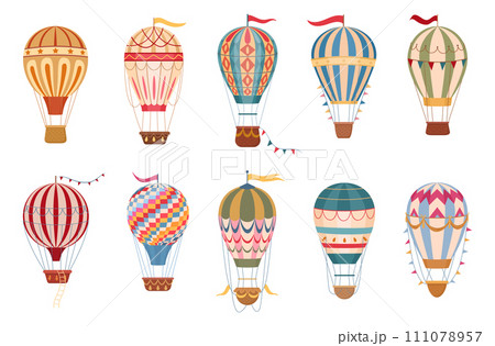 Vintage hot air balloons. Cartoon flying hot air balloons decorated with garlands and flags flat vector illustration set. Retro air transport collection Vintage hot air balloons. Cartoon flying hot air balloons decorated with garlands and flags flat vector illustration set. Retro air transport collection 111078957