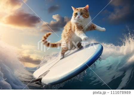 AI-generated content. A cat conquers waves on a surfboard. 111078989