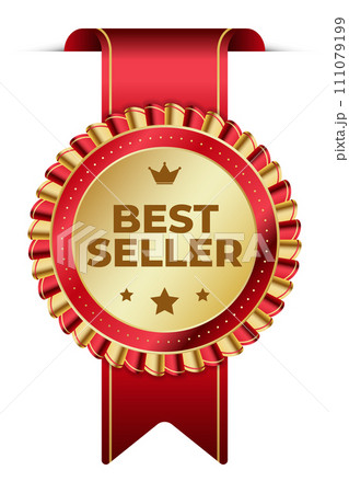 Best seller sticker label with gold medal and red ribbon. Best seller product label. Best seller golden label badge 111079199