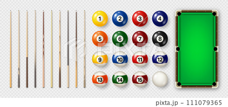 Billiard balls with numbers, various cues and green pool table. Glossy snooker ball. Sports equipment, recreation and hobby, competitive game. Vector illustration Billiard balls with numbers, various cues and green pool table. Glossy snooker ball. Sports equipment, recreation and hobby, competitive game. Vector illustration 111079365