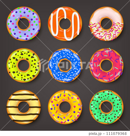 Donut, begel with cream. Cookies,cookie cake set. Sweet dessert with sugar and caramel. Tasty breakfast cooking. Cafateria food, snack. Coffee shop.Vector illustration. Donut, begel with cream. Cookies,cookie cake set. Sweet dessert with sugar and caramel. Tasty breakfast cooking. Cafateria food, snack. Coffee shop.Vector illustration. 111079368