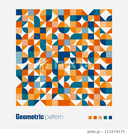 Geometric trendy pattern, Bauhaus style. Modern colorful background with simple elements. Retro texture with basic geometric shapes. Print design, minimalist poster cover. Vector illustration Geometric trendy pattern, Bauhaus style. Modern colorful background with simple elements. Retro texture with basic geometric shapes. Print design, minimalist poster cover. Vector illustration 111079375