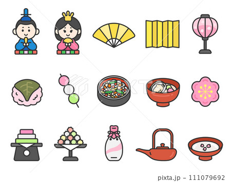 ひな祭りのアイコン（線画カラー）のイラストセット 111079692