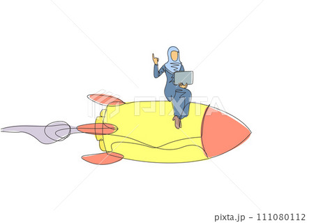 Continuous one line drawing of young Arabian businesswoman sitting on flying rocket. Index finger of the right hand lifts up while the other holds the laptop. Future transportation. Single line draw 111080112