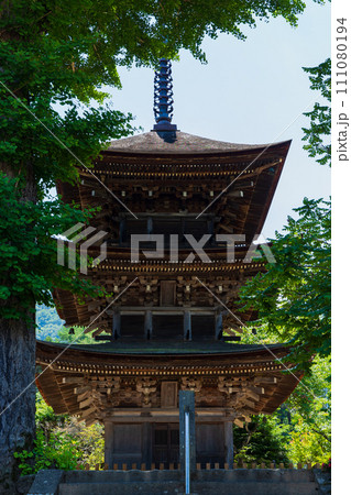 長野県上田市の初夏　新緑の前山寺　三重塔 111080194
