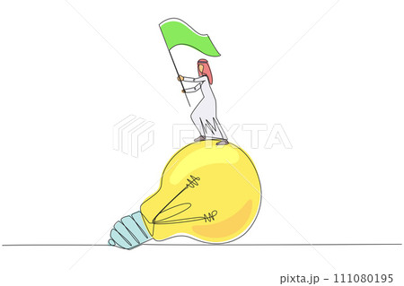 Continuous one line drawing of young Arabian businessman standing on giant lightbulb raising flag in the hand. Celebrating a great idea for the next step of business. Single line draw design vector 111080195