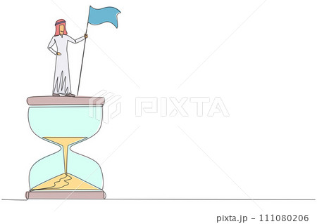 Single one line drawing of Arabian businessman standing on giant hourglass holding flag. Business strategy related on time management. Businessman who can manage times well. Continuous line design 111080206