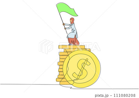 Single one line drawing of Arabian businesswoman standing on stack of coins raising flag. Successful remote freelance work. Get a lot of money. Concept of smart business. Award. Continuous line design 111080208