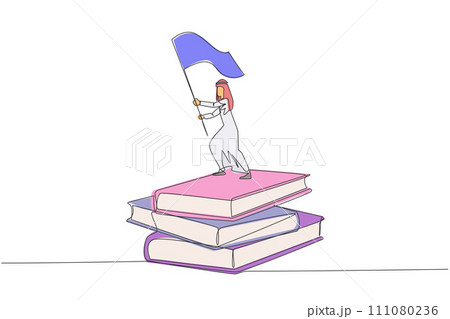 Single one line drawing of Arabian businessman standing on stacks of giant books raising flag. Reading improves his skills in business world to become a successful entrepreneur. Continuous line design Single one line drawing of Arabian businessman standing on stacks of giant books raising flag. Reading improves his skills in business world to become a successful entrepreneur. Continuous line design 111080236