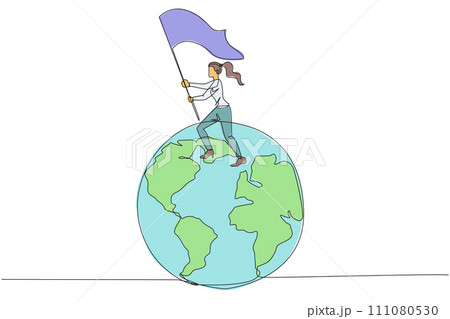 Single one line drawing of successful businesswoman standing on giant globe raising flag. Businesswoman celebrating victory. Metaphor of conquering the world. Continuous line graphic illustration Single one line drawing of successful businesswoman standing on giant globe raising flag. Businesswoman celebrating victory. Metaphor of conquering the world. Continuous line graphic illustration 111080530