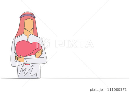 Continuous one line drawing of young happy Arabian man with casual shirt hugging a red heart logo in his chest. Illustration of peace of mind. Self love concept. Single line draw vector illustration 111080571