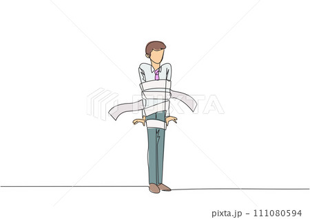 Single one line drawing of businessman stood holding his head in both hands, and his body was wrapped by billing paper. Debt-ridden businesses. Bankrupt. Continuous line design graphic illustration 111080594
