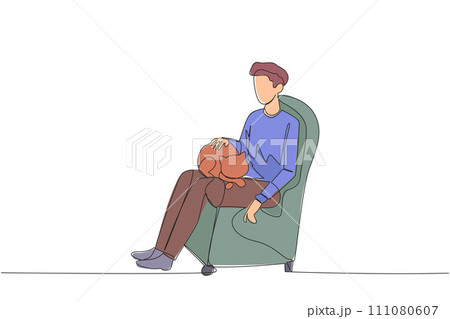 Single continuous line drawing of young man sitting on the couch hugging a cat on his lap. Young man stroking cute little cat to sleep. Friendly with cats. One line design vector illustration 111080607