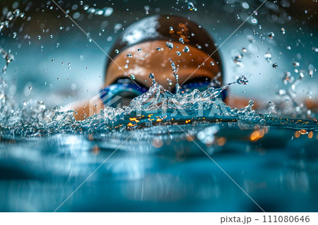 A swimmer wearing swim goggles in a pool. A swimmer wearing swim goggles in a pool. 111080646