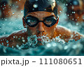 A swimmer wearing swim goggles in a pool. 111080651