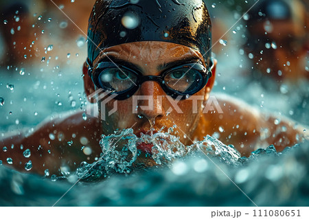 A swimmer wearing swim goggles in a pool. 111080651