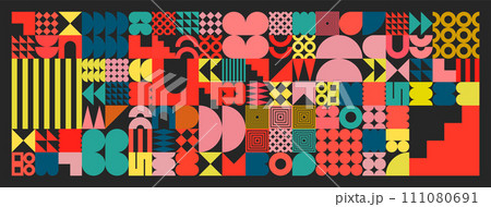 Geometric texture with simple shapes, symbols. Colorful primitive elements and forms. Bauhaus retro design, trendy contemporary minimalist style, y2k. Vector illustration Geometric texture with simple shapes, symbols. Colorful primitive elements and forms. Bauhaus retro design, trendy contemporary minimalist style, y2k. Vector illustration 111080691