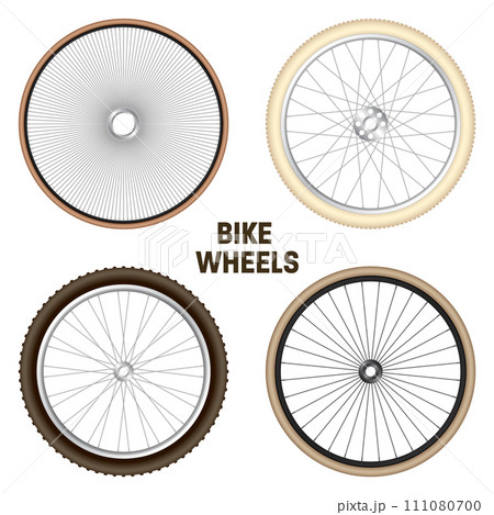 Realistic 3d retro bicycle wheels. Vintage bike rubber tyres, shiny metal spokes and rims. Fitness cycle, touring, sport, road and mountain bike. Vector illustration 111080700