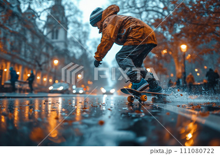A person skateboarding on the road A person skateboarding on the road 111080722