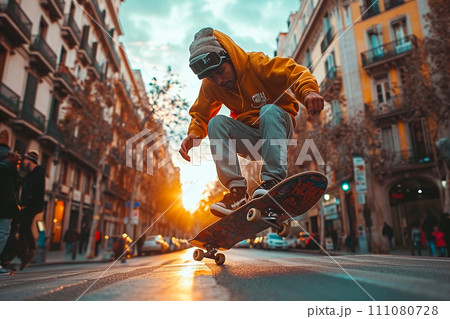 A person skateboarding on the road 111080728