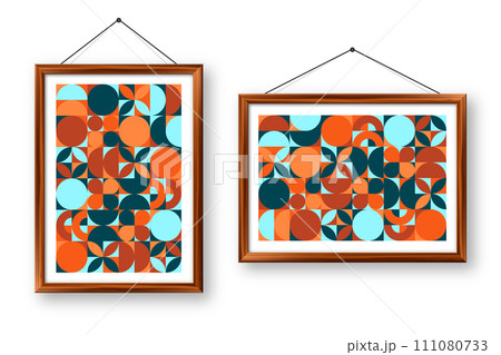Picture frame with geometric trendy pattern, Bauhaus style. Modern background, simple elements. Retro texture, basic geometric shapes. Print design, minimalist poster cover. Vector illustration 111080733