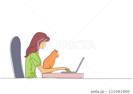 Single continuous line drawing of beautiful woman sitting and hugging a cat while typing on laptop. The cute cat is looking at the laptop screen. Animal lovers. One line design vector illustration Single continuous line drawing of beautiful woman sitting and hugging a cat while typing on laptop. The cute cat is looking at the laptop screen. Animal lovers. One line design vector illustration 111081000