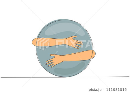 Single continuous line drawing of human hands hugging circle. Passion in creating innovative logo. Shape that can be developed based on the basic circular pattern. One line design vector illustration Single continuous line drawing of human hands hugging circle. Passion in creating innovative logo. Shape that can be developed based on the basic circular pattern. One line design vector illustration 111081016