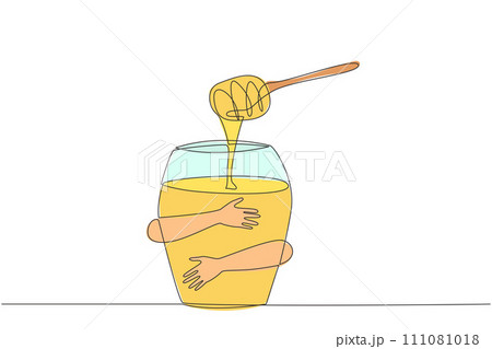 Single continuous line drawing human hands hugging honey. A sweet, thick-textured liquid produced by bees that has many health benefits for the human body. Herbal. One line design vector illustration Single continuous line drawing human hands hugging honey. A sweet, thick-textured liquid produced by bees that has many health benefits for the human body. Herbal. One line design vector illustration 111081018