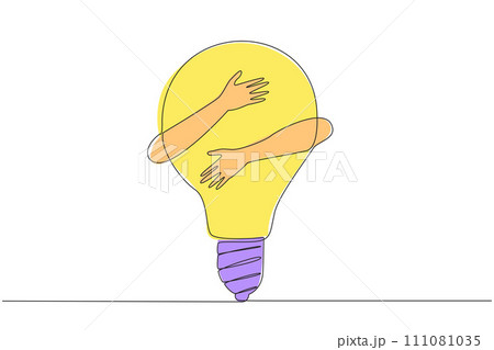 Single continuous line drawing of hands hugging lightbulb. Illustration of brilliant idea for running business during pandemic. Innovation is needed to bring fresh ideas in business. One line vector 111081035