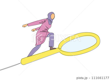 Single continuous line drawing Arabian businesswoman rides a big magnifier like she's skateboarding. Someone is trying to find the right information among big data. One line design vector illustration 111081177