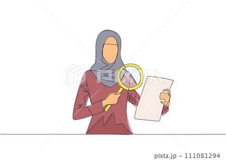 Continuous one line drawing of Arabian businesswoman holds piece of paper and checks it with a magnifier. Businesswoman work with research analytics and statistic. Single line draw vector illustration Continuous one line drawing of Arabian businesswoman holds piece of paper and checks it with a magnifier. Businesswoman work with research analytics and statistic. Single line draw vector illustration 111081294