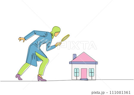 Continuous one line drawing of Arabian businesswoman holding magnifying glass looking at miniature house. Get ready to make passive income after viewing a house. Single line draw vector illustration 111081361