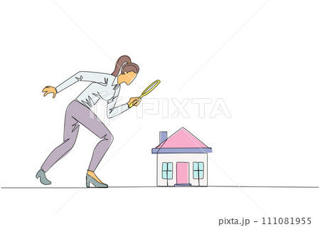 Single continuous line drawing of businesswoman holding magnifying glass looking at miniature house. Get ready to make passive income after viewing several house. One line design vector illustration Single continuous line drawing of businesswoman holding magnifying glass looking at miniature house. Get ready to make passive income after viewing several house. One line design vector illustration 111081955