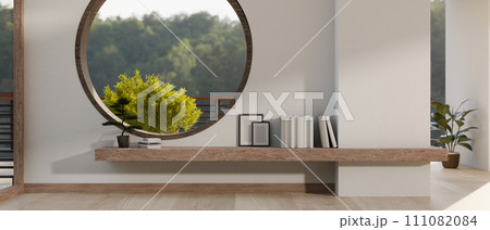 Home corridor in a modern, minimalist Zen Japanese style with a round window and a wooden bench. 111082084