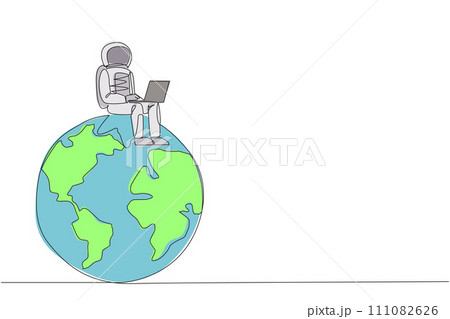 Single one line drawing young energetic astronaut sitting on giant globe typing laptop. Received an email from earth to quickly complete the expedition. Continuous line design graphic illustration Single one line drawing young energetic astronaut sitting on giant globe typing laptop. Received an email from earth to quickly complete the expedition. Continuous line design graphic illustration 111082626