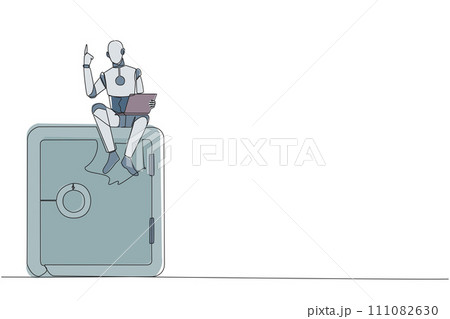 Single one line drawing robotic artificial intelligence sitting on giant safe deposit box holding laptop raise one hand. Robots also have a role to guard valuable items. Continuous line design graphic Single one line drawing robotic artificial intelligence sitting on giant safe deposit box holding laptop raise one hand. Robots also have a role to guard valuable items. Continuous line design graphic 111082630