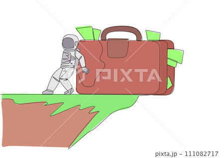 Single one line drawing astronaut pushed giant briefcase down with his back from the edge of a cliff. Tough man in outer space. Cosmic galaxy space concept. Continuous line design graphic illustration 111082717