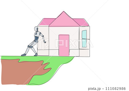 Continuous one line drawing robot pushes miniature house down with its back from the edge of the cliff. Robot training house. Future technology development. Single line draw design vector illustration 111082986