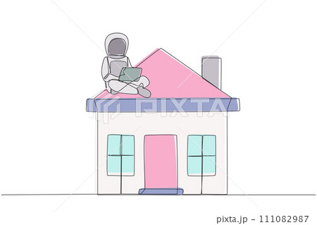 Continuous one line drawing young astronaut sitting on miniature house typing laptop. Astronauts on the surface of moon transferring mortgage payments. Single line draw design vector illustration 111082987
