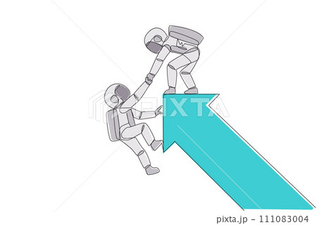 Single one line drawing astronaut pulled the arm of another astronaut that almost fell from the big arrow. Team work to help colleagues. Galaxy deep space. Continuous line design graphic illustration 111083004