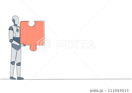 Single one line drawing robotic artificial intelligence holding a puzzle piece. Looking for other robots for teamwork to find other pieces. Future concept. Continuous line design graphic illustration Single one line drawing robotic artificial intelligence holding a puzzle piece. Looking for other robots for teamwork to find other pieces. Future concept. Continuous line design graphic illustration 111083013