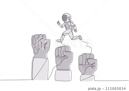Single one line drawing astronaut running leaping over three large clenched fists. Teamwork managed to get through the bigger challenges. Cosmonaut. Cosmic. Continuous line design graphic illustration 111083014