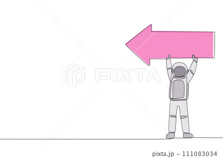 Single one line drawing young energetic astronaut lift the arrow-shaped puzzle. Teamwork by telling the direction where the spacecraft lands. Cosmonaut. Continuous line design graphic illustration Single one line drawing young energetic astronaut lift the arrow-shaped puzzle. Teamwork by telling the direction where the spacecraft lands. Cosmonaut. Continuous line design graphic illustration 111083034