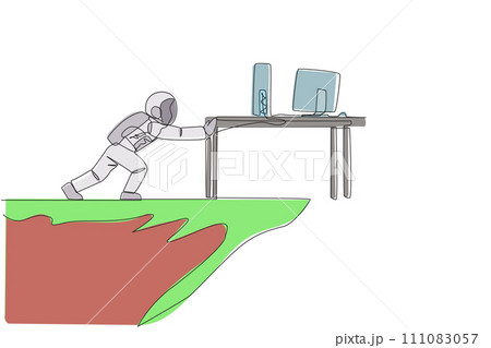 Single one line drawing angry astronaut shoves a desk containing a laptop and monitor over the edge of a cliff. Do not want to make an expedition report. Continuous line design graphic illustration 111083057