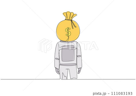 Single one line drawing young astronaut with money bag instead of head, stand facing forward. Thinking about the advantages of joining the space industry. Continuous line design graphic illustration 111083193