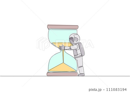 Single continuous line drawing young astronaut hugging giant hourglass. The concept of waiting for the time to return to earth. The expedition finished smoothly. One line design vector illustration Single continuous line drawing young astronaut hugging giant hourglass. The concept of waiting for the time to return to earth. The expedition finished smoothly. One line design vector illustration 111083194